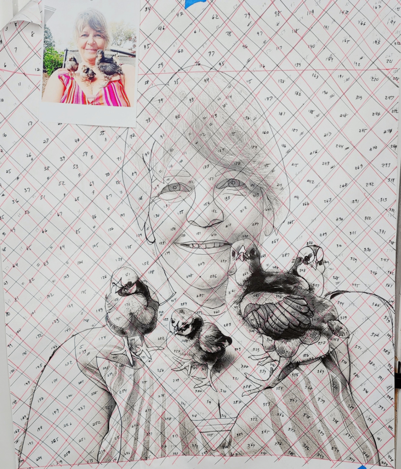 A black-and-white sketch of the portrait on a grid