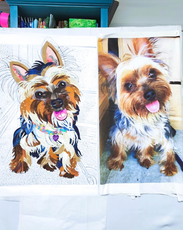 The fabric collage portrait next to the reference photograph of Spyger
