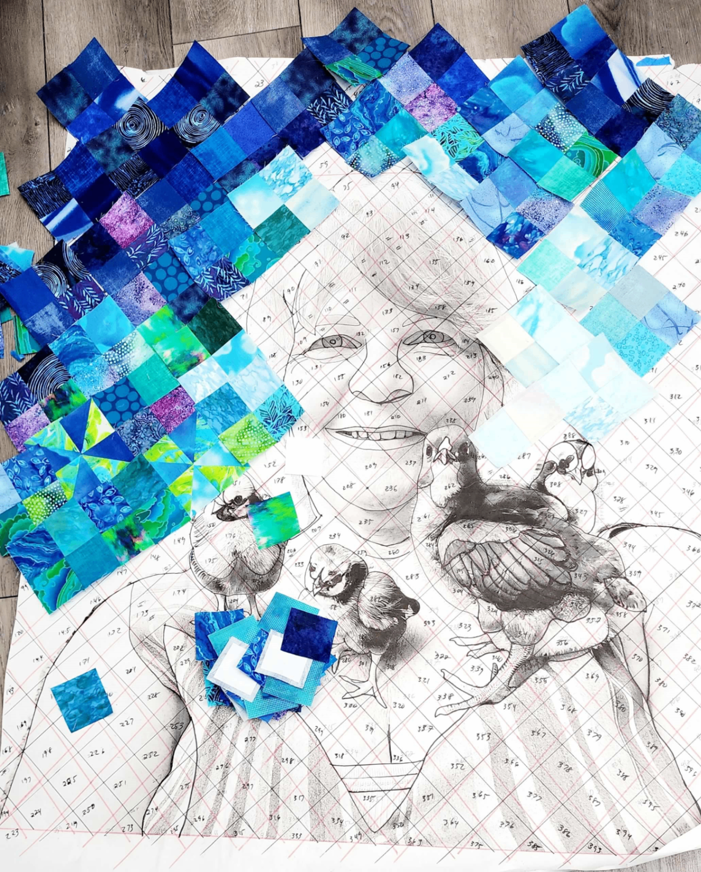 The portrait emerging from blue diamond tiles