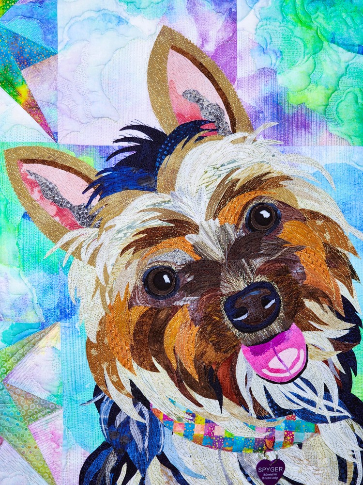 Close-up of the finished I'll Be Waiting quilt portrait of Spyger