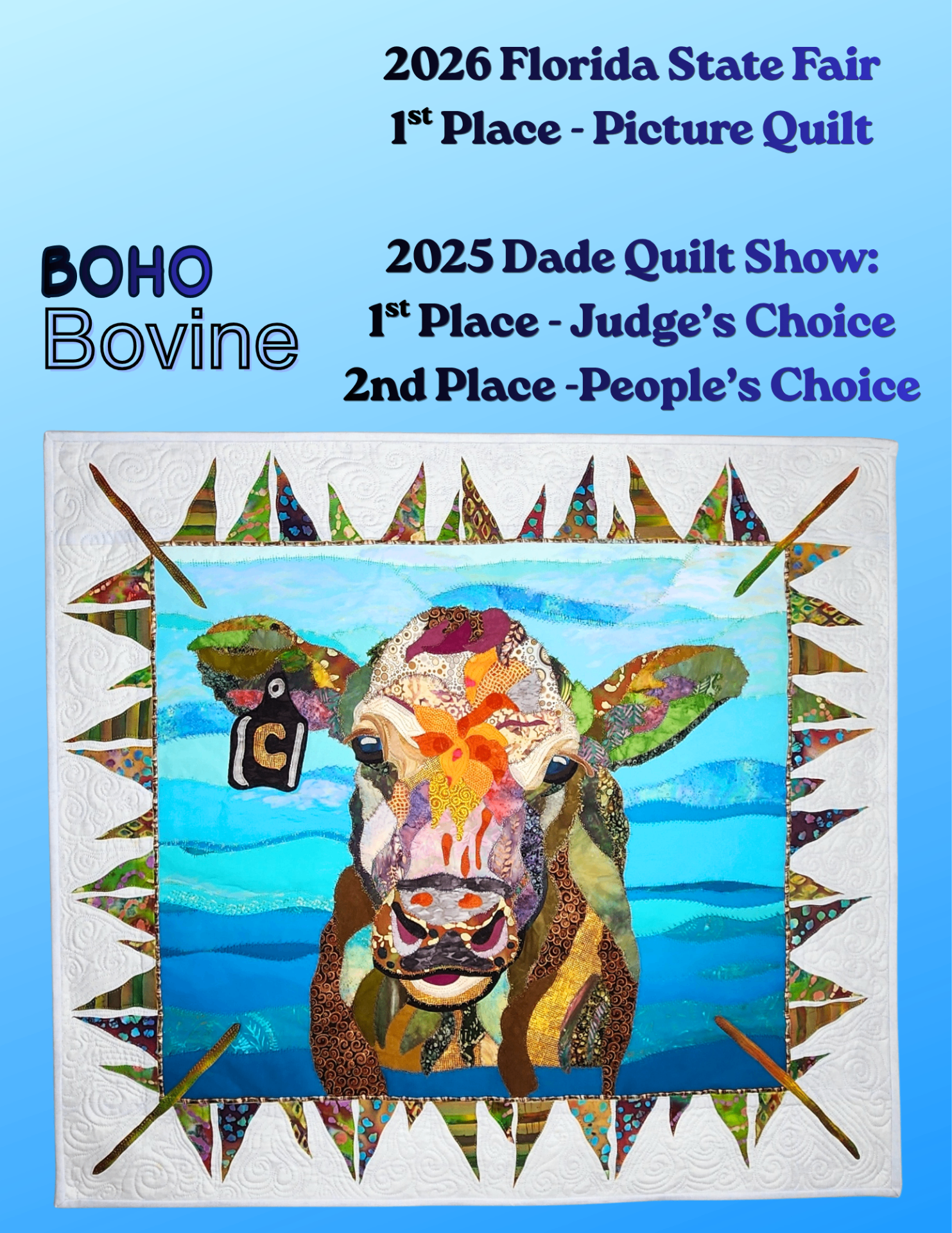 Boho Bovine — 1st Place Picture Quilt, 2026 Florida State Fair
